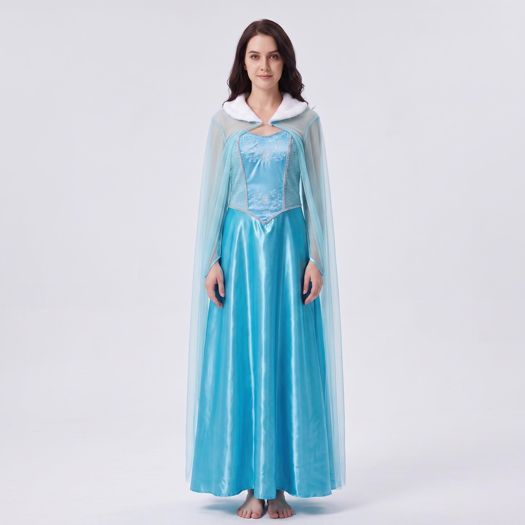 May include: A floor-length light blue satin dress featuring a fitted bodice with silver embroidery, a sweetheart neckline, and a sheer cape overlay. The garment includes a white faux fur collar trim that extends from the shoulders to the neckline.