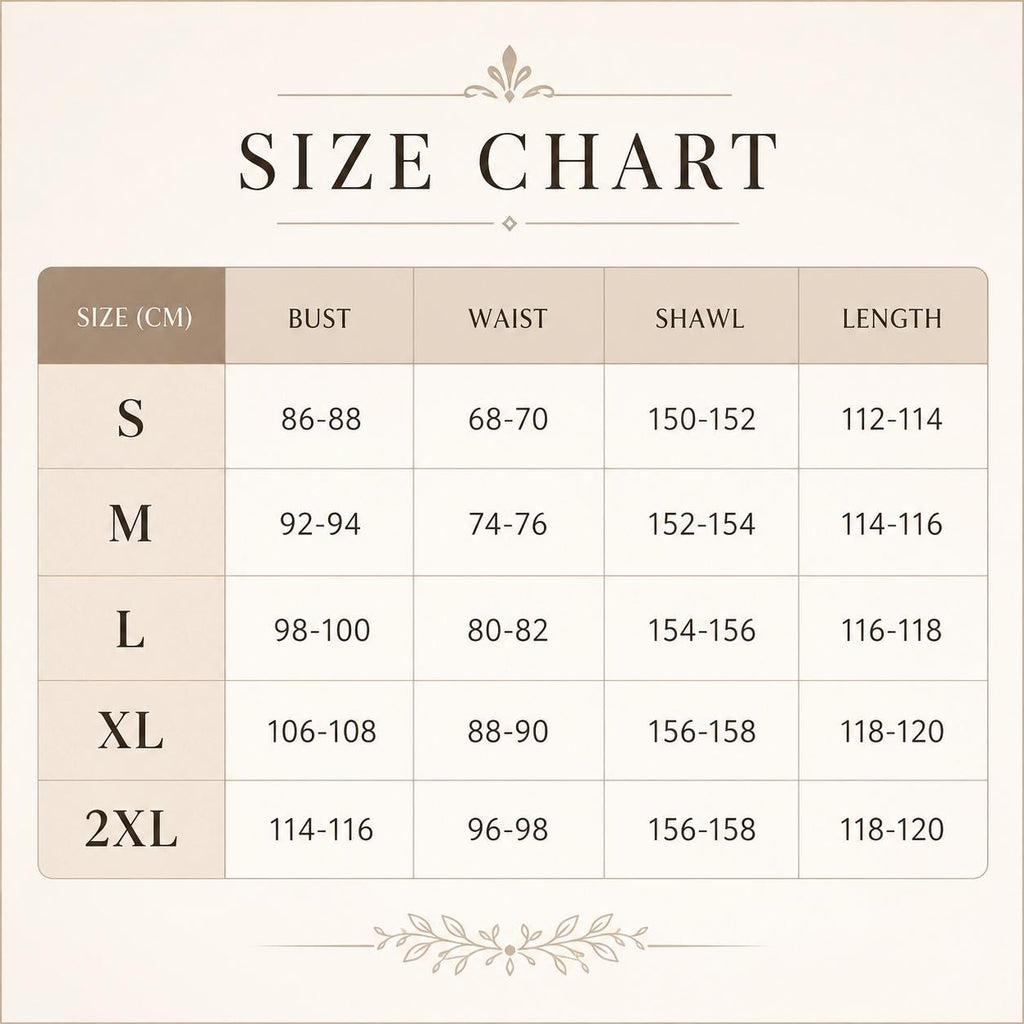 May include: A beige size chart with dark brown text featuring columns for size, bust, waist, shawl, and length in centimeters. The table lists measurements for sizes S, M, L, XL, and 2XL, with decorative flourishes at the top and bottom of the chart.
