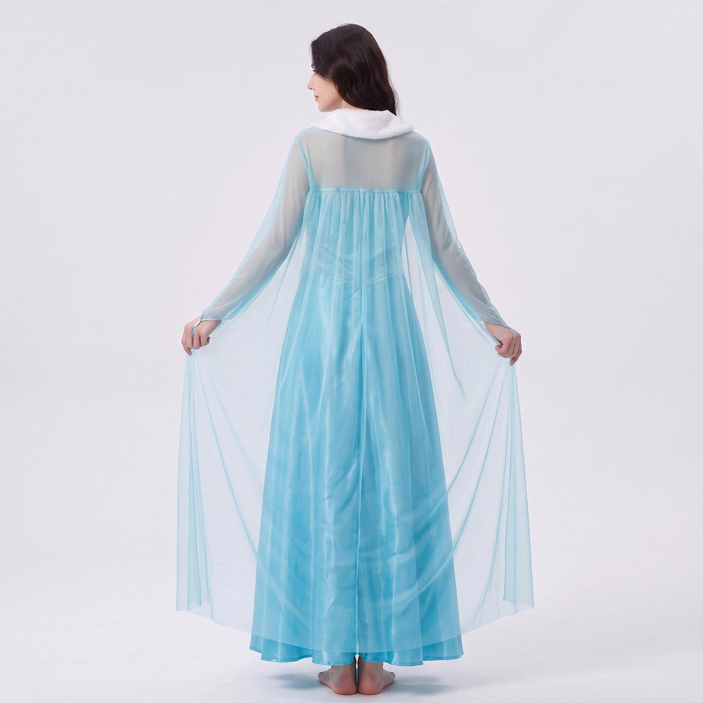 May include: A floor-length light blue nightgown featuring a sheer, flowing cape overlay that extends from the shoulders. The garment includes a white faux fur collar detail at the neckline, long sheer sleeves, and a solid blue skirt section.
