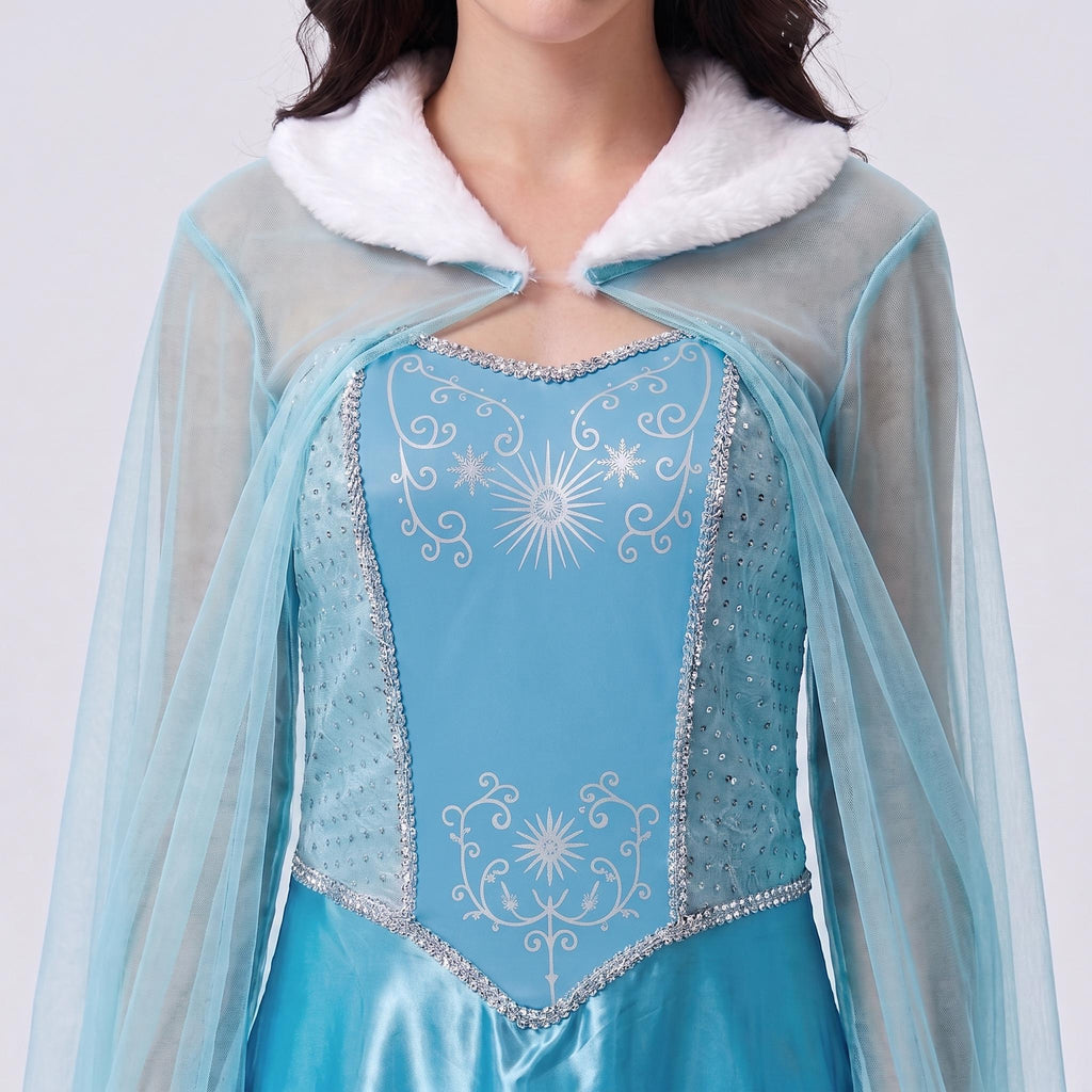 May include: A light blue dress featuring a white faux fur collar and long sheer sleeves. The bodice has a central panel with silver star and scroll patterns, bordered by silver sequin trim, and side panels with a subtle textured dot design.