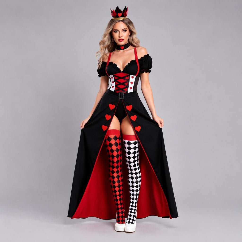 May include: A Queen of Hearts costume featuring a black and white bodice with red heart accents, a black floor-length skirt with a red lining and heart details, a matching choker, a crown headpiece, and mismatched red and white diamond-patterned stockings.