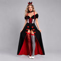 May include: A Queen of Hearts costume featuring a black and white bodice with red heart accents, a black floor-length skirt with a red lining and heart details, a matching choker, a crown headpiece, and mismatched red and white diamond-patterned stockings.