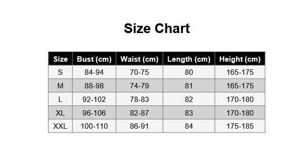 May include: A size chart table with the heading Size Chart. The table lists sizes S, M, L, XL, and XXL with corresponding measurements in centimeters for bust, waist, length, and height. The columns are labeled Size, Bust (cm), Waist (cm), Length (cm), and Height (cm).