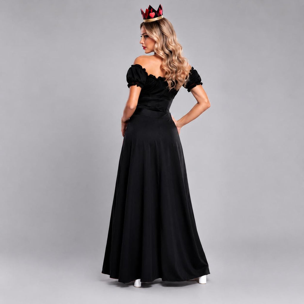 May include: A floor-length black dress with an off-the-shoulder neckline and short puff sleeves. The dress features a fitted bodice and a flowing skirt. A crown with red heart accents is worn on the head, featuring a black and gold color scheme.