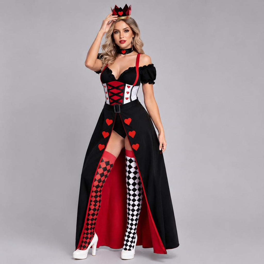 May include: A costume featuring a black off-the-shoulder bodice with white panels, red heart accents, and a black corset-style lace-up front. It includes a long black skirt with red heart details, a matching crown, a choker, and mismatched harlequin stockings.