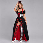 May include: A costume featuring a black off-the-shoulder bodice with white panels, red heart accents, and a black corset-style lace-up front. It includes a long black skirt with red heart details, a matching crown, a choker, and mismatched harlequin stockings.