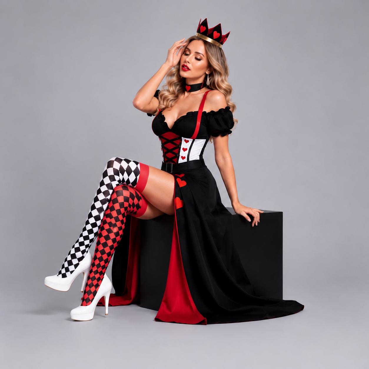 May include: A queen of hearts costume featuring a black and white corset-style bodice with red heart accents, a long black skirt with a red panel, a black choker, and a crown. The outfit includes one black and white checkered stocking and one red and black checkered stocking, paired with white high-heeled shoes.