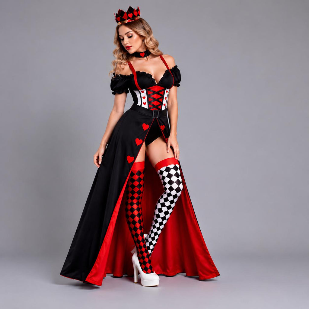 May include: A costume featuring a black and red dress with a sweetheart neckline, off-the-shoulder puff sleeves, and a bodice with red heart accents. The skirt has a high front slit, paired with a black crown, a choker, and mismatched diamond-patterned stockings.