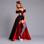 May include: A costume featuring a black and red dress with a sweetheart neckline, off-the-shoulder puff sleeves, and a bodice with red heart accents. The skirt has a high front slit, paired with a black crown, a choker, and mismatched diamond-patterned stockings.