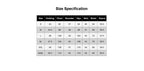 May include: A size specification chart with a black header and white background. The table lists sizes from S to XXXL with corresponding measurements for clothing, chest, shoulder, hips, skirt, waist, and sleeve in a grid format with black text.