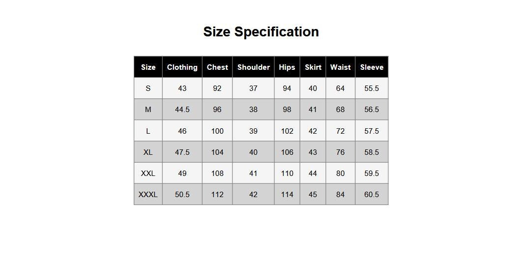 May include: A size specification chart with a black header and white background. The table lists sizes from S to XXXL with corresponding measurements for clothing, chest, shoulder, hips, skirt, waist, and sleeve in a grid format with black text.