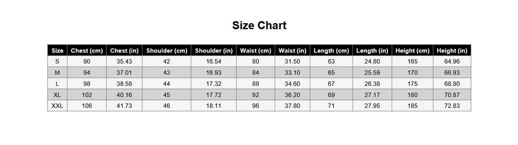 May include: A black and white size chart table with the heading Size Chart. It lists sizes S through XXL with corresponding measurements in centimeters and inches for chest, shoulder, waist, length, and height. The table uses a grid layout.