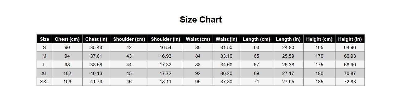 May include: A black and white size chart table with the heading Size Chart. It lists sizes S through XXL with corresponding measurements in centimeters and inches for chest, shoulder, waist, length, and height. The table uses a grid layout.