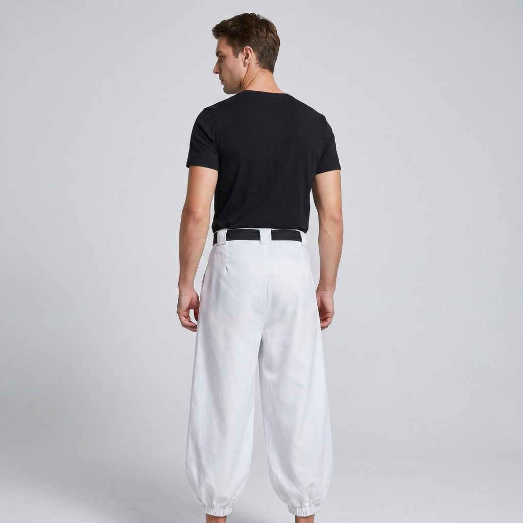 May include: A black short-sleeved t-shirt paired with loose-fitting white trousers featuring a black belt at the waist. The trousers have a gathered, elasticized hem at the ankles, creating a distinct silhouette. The outfit is shown from the back.