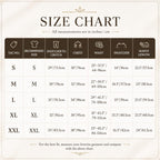 May include: A size chart table with dark brown headers and white text. Columns include Tag No., Recommended Size, Shoulder to Crotch, Chest, Waist, Shoulder, and Sleeve Length. Measurements are provided in both inches and centimeters for sizes S to XXL.