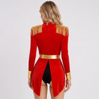 May include: A red long-sleeved jacket with gold fringe epaulets on the shoulders, a gold waistband, and gold cuffs. The jacket features a high collar and a split back design that reveals a black bodysuit underneath, creating a structured look.