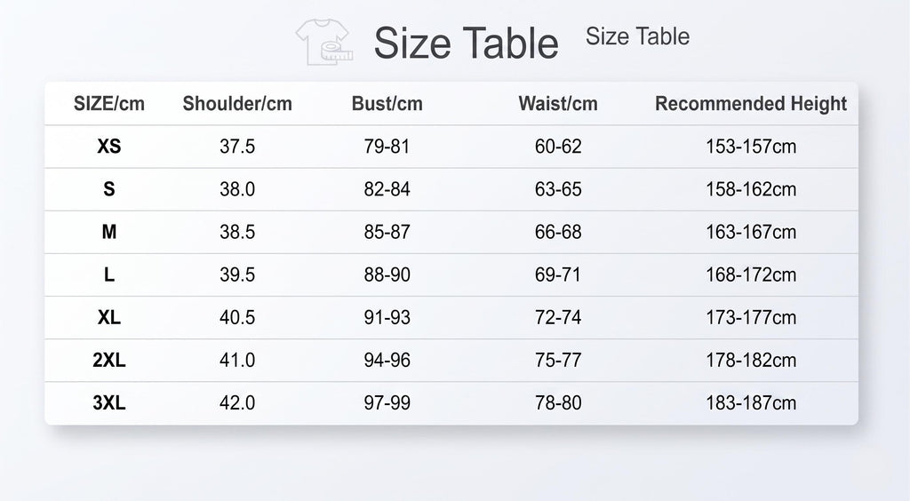 May include: A white size chart with measurements in centimeters. The chart includes sizes XS to 3XL, with corresponding shoulder, bust, waist, and recommended height measurements. The text "Size Table" is at the top.