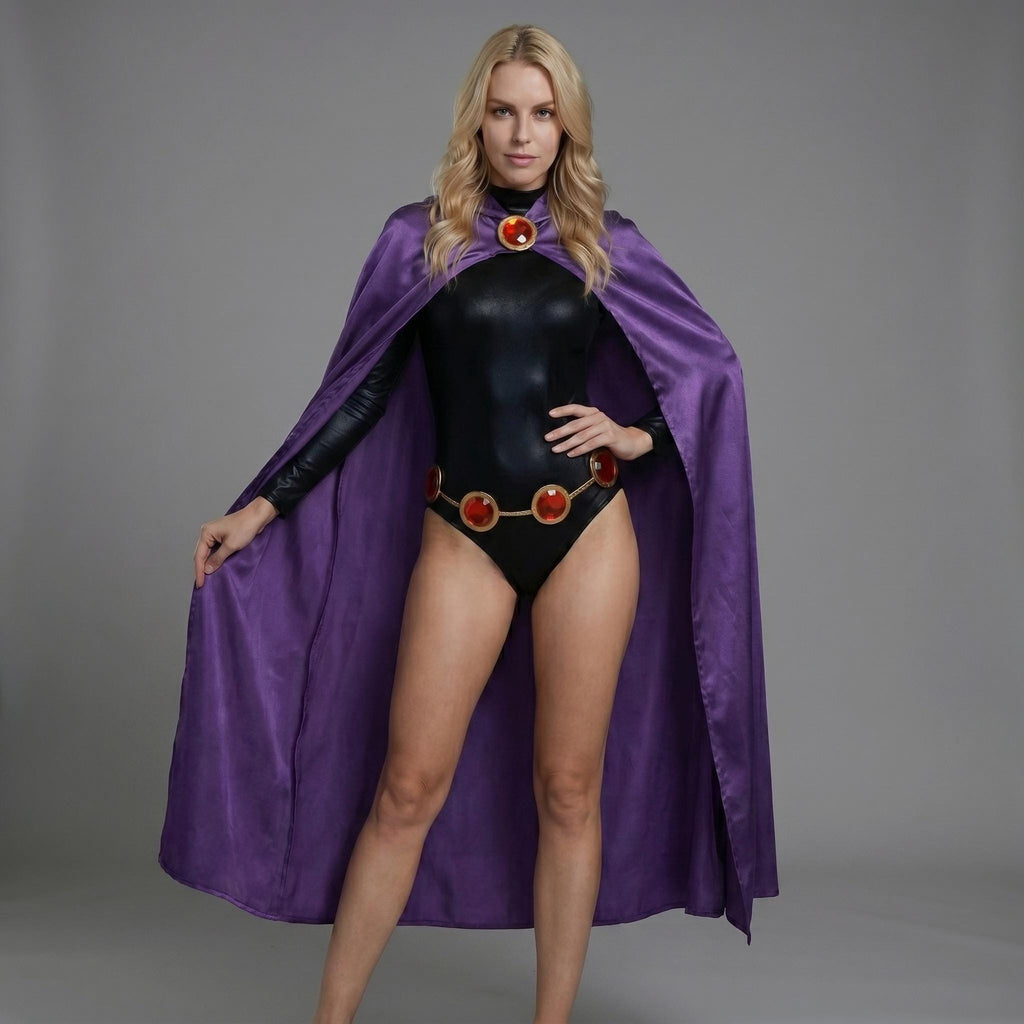 May include: A black bodysuit with long sleeves and a high neckline, paired with a purple cape. The costume features a gold belt with red circular accents and a matching red jewel at the neckline. The outfit is a cosplay costume.