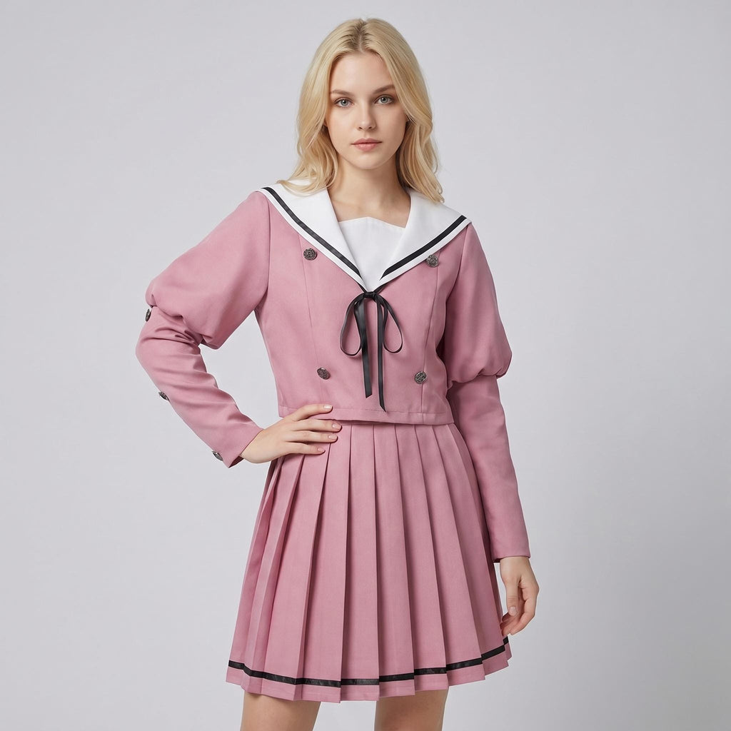 May include: A dusty rose two-piece set consisting of a long-sleeved cropped jacket and a pleated mini skirt. The jacket features a white sailor-style collar with black trim, a black ribbon tie, and double-breasted buttons. The skirt has black trim.