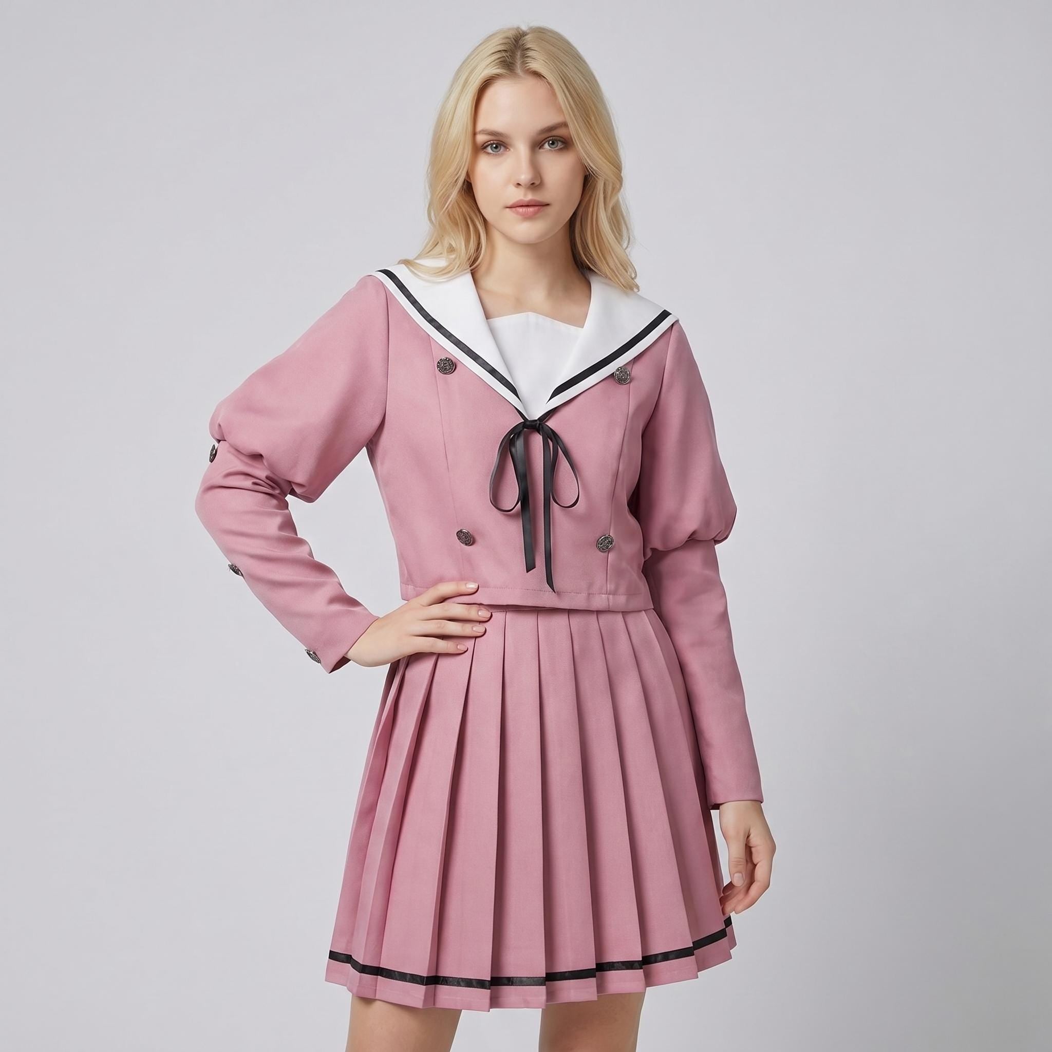 May include: A dusty rose two-piece set consisting of a long-sleeved cropped jacket and a pleated mini skirt. The jacket features a white sailor-style collar with black trim, a black ribbon tie, and double-breasted buttons. The skirt has black trim.