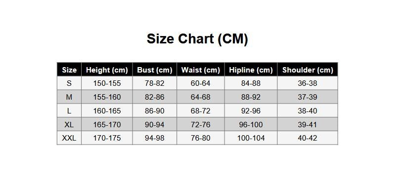 May include: A black and white size chart table with the text Size Chart (CM) at the top. The table includes columns for Size, Height (cm), Bust (cm), Waist (cm), Hipline (cm), and Shoulder (cm) with rows for sizes S, M, L, XL, and XXL and their values.