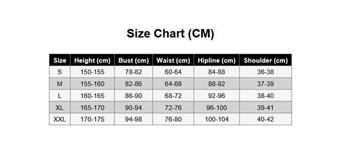 May include: A black and white size chart table with the text Size Chart (CM) at the top. The table includes columns for Size, Height (cm), Bust (cm), Waist (cm), Hipline (cm), and Shoulder (cm) with rows for sizes S, M, L, XL, and XXL and their values.
